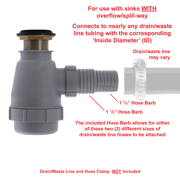 1 1/2" Flip / Trap Drain with Overflow with 1 1/4" & 1 1/2" Hose Barb