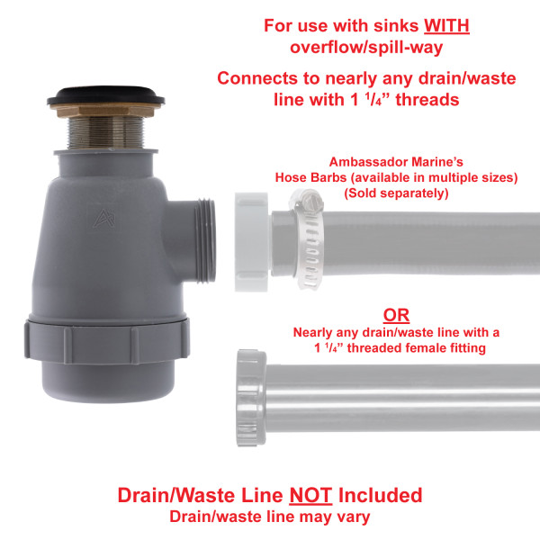 1 1/2" Flip / Trap Drain with Overflow with 1 1/4"-M Thread